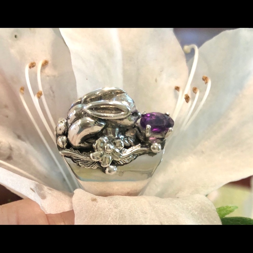 Sterling Bunny With Amethyst Ring